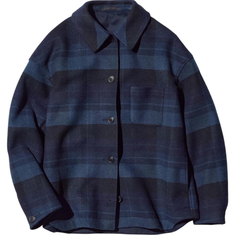 Uniqlo Women's Oversized Boxy Short Jacket Plaid Navy Blue Black Check Medium